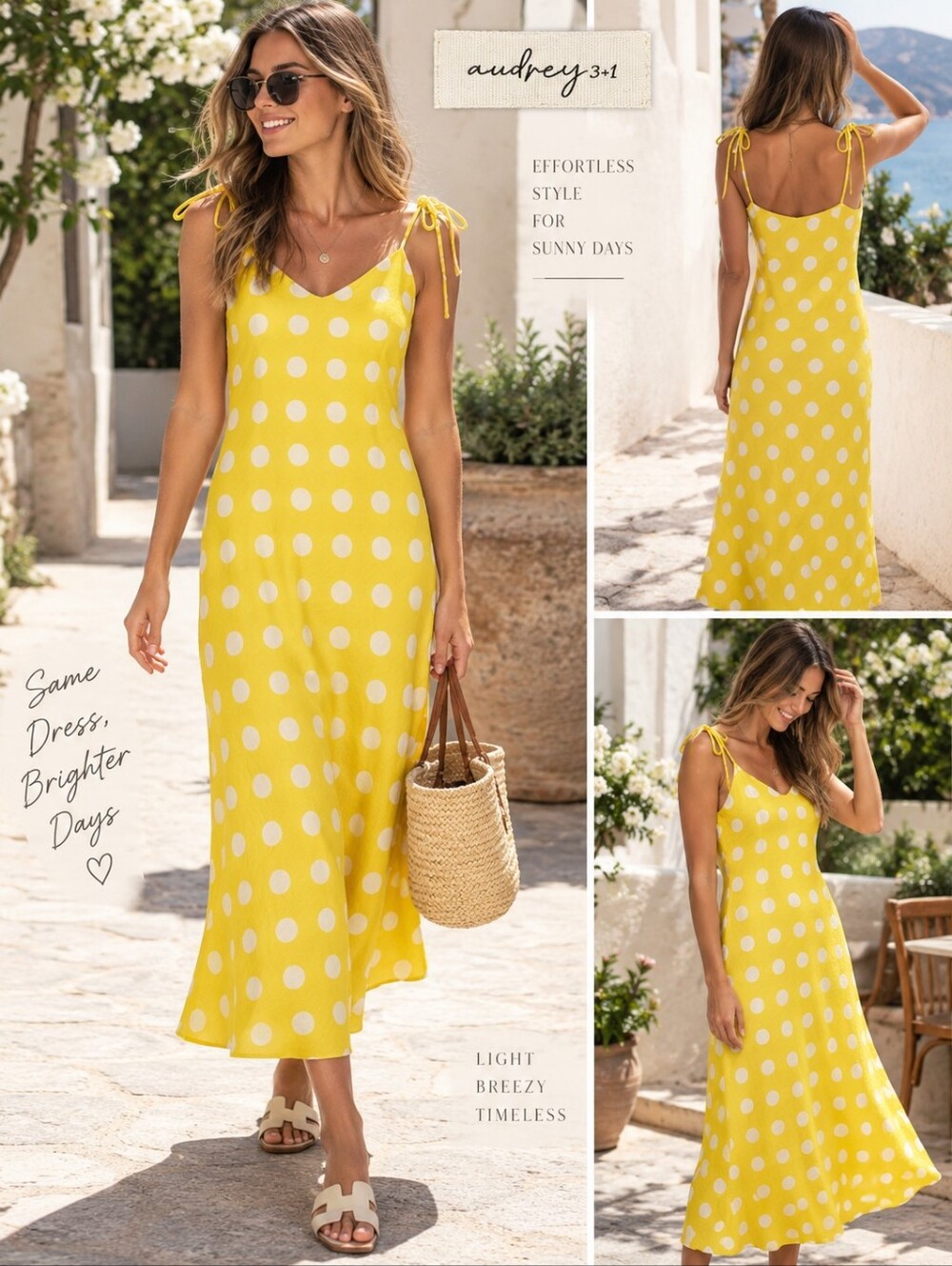 Audrey 3+1 Yellow White Polka Dot Tie-Shoulder Maxi Dress
